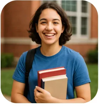 Student holding textbooks on campus